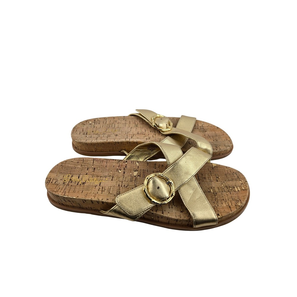 Lilly Pulitzer Bayshore Gold Metallic Leather Cork Slide Sandals Buckle 10 M